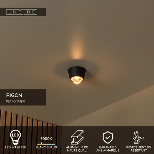 Lucide RIGON - Plafonnier - Ø 9 cm - LED - 1x6W 3000K - Noir - USP